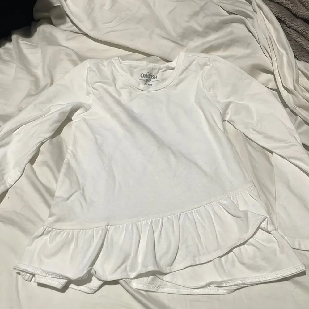 Oshkosh by gosh 6/6x white long sleeve offset ruffled hem t euc